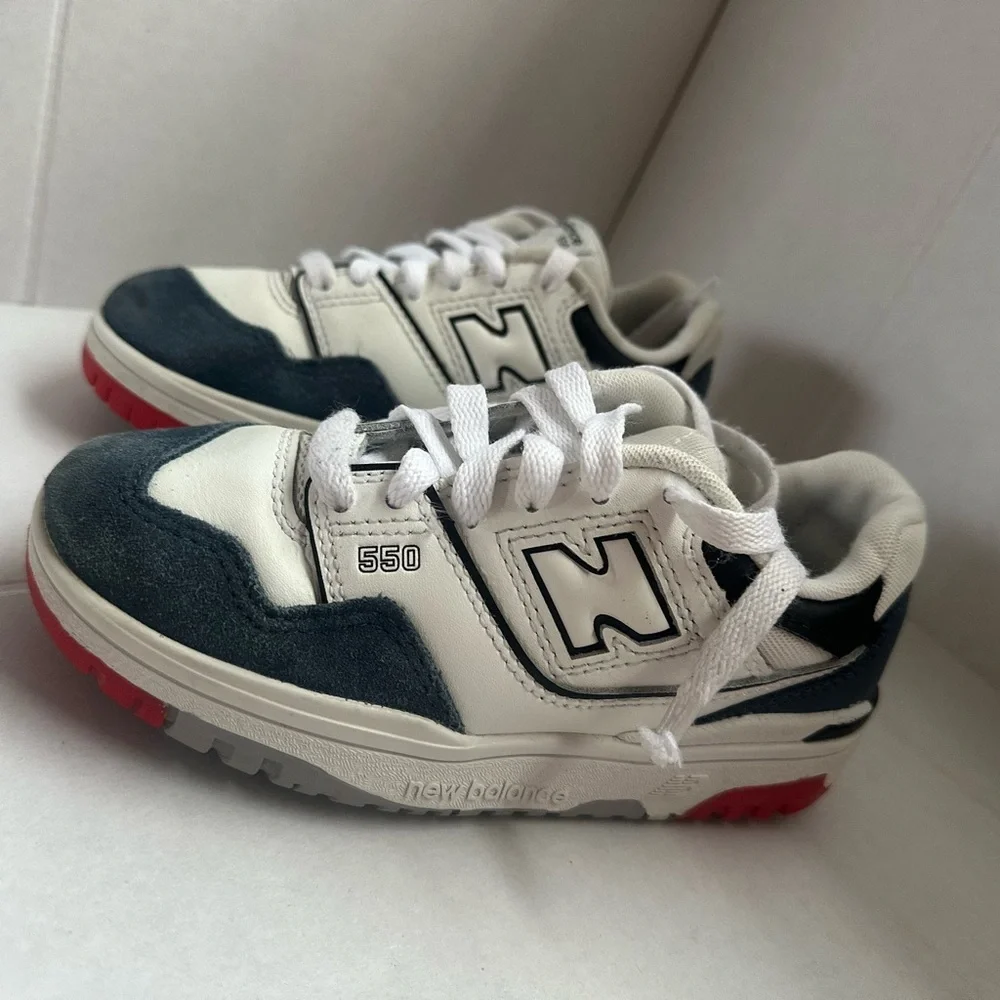 New Balance 550 Kids' Sneakers in White, Black, and Red size 12